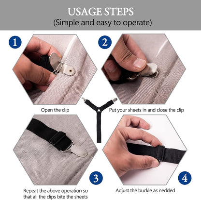 TGOOD Gift for Mum!Sheet Fasteners keepers-Adjustable Elastic Bed Sheet Holder Straps for Full,Queen,King Twin Bed,6 Way Cross Sheet Clips Suspenders Band,Fitted Round and Square Mattresses.(black)
