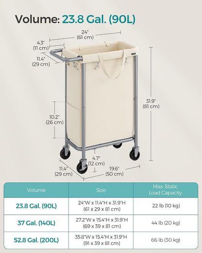 SONGMICS Laundry Basket with Wheels, 4-Section Rolling Laundry Hamper, 68.6 Gallons (260 L), Removable Liner, Steel Frame with Handle, 43.3 x 15.4 x 31.9 Inches, Cream White URLS014W01