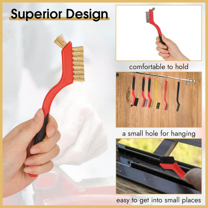 Wire Brush for Cleaning, Small Brass Steel Nylon Brush, Metal Rust Remover | 6 Pcs, Rust/Grease/Paint Removal on Metal/Wood/Grill, Curved Head for Tight Spots, with Hang Hole, Ergonomic Handle, 7 in