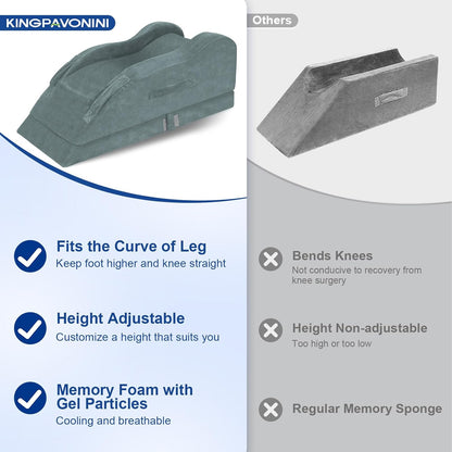 KingPavonini Leg Elevation Pillow for After Surgery, Single Leg, Grey | Ergonomic Curve Keeps leg/Knee Straight, Adjustable Memory Foam Leg Pillow, Pain & Swelling Relief, Improve Blood Circulation