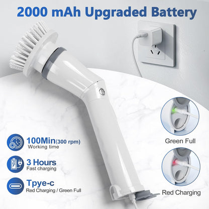 Qimedo Electric Spin Scrubber Q3, 6000mAh, Extra-Large Brush Head, 1200RPM | Floor Scrubber Machine with Long Handle, Cordless Cleaning Brush, 8 Brush Heads and Smart Display for Showers, Tubs and Tile