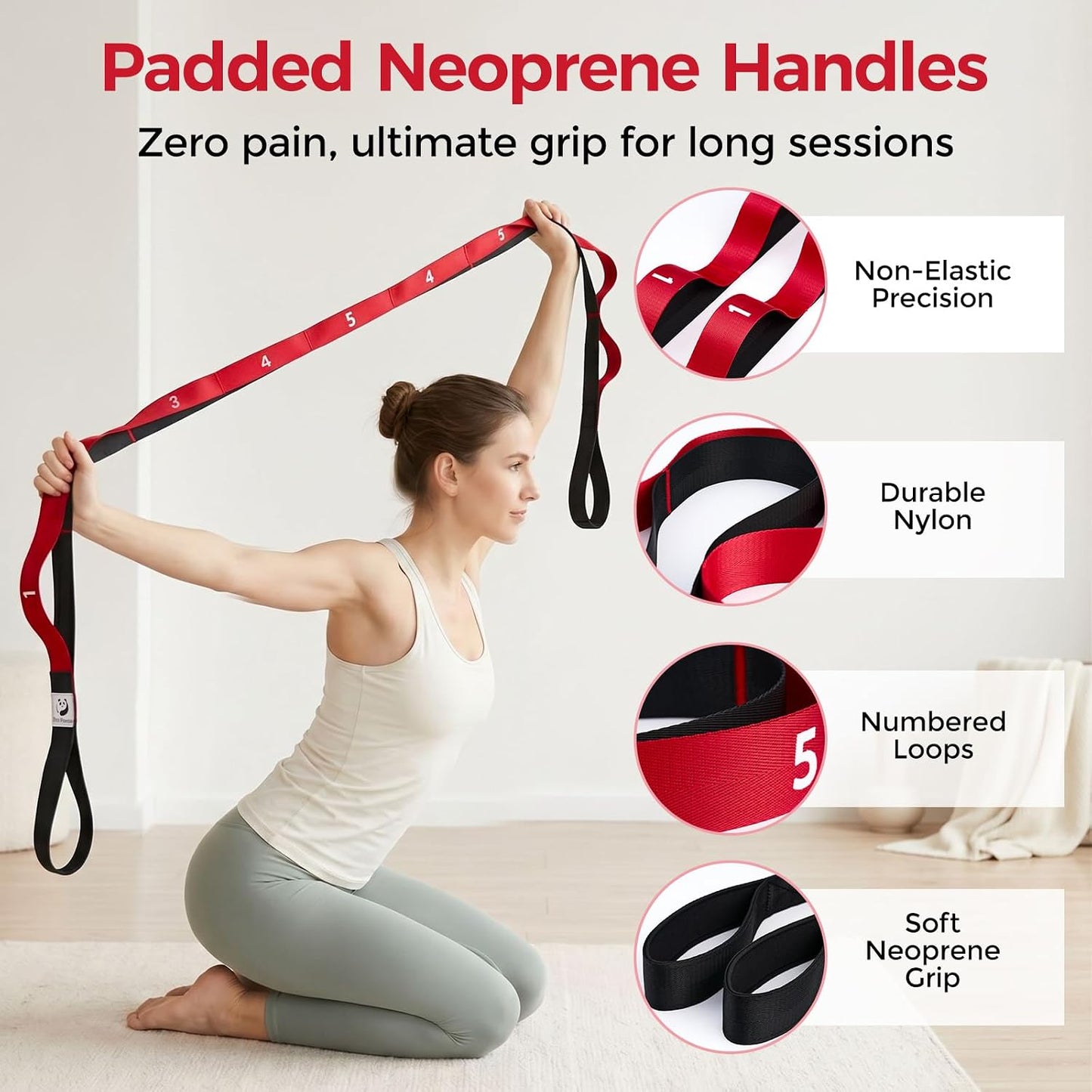 Stretching Strap with Loops - Non-Elastic Heavy Duty Nylon Yoga & PT - Oversized Multi-Loop Home Rehab - Hamstring Shoulder Pilates Flexibility