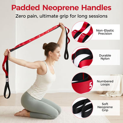 Stretching Strap with Loops - Non-Elastic Heavy Duty Nylon Yoga & PT - Oversized Multi-Loop Home Rehab - Hamstring Shoulder Pilates Flexibility