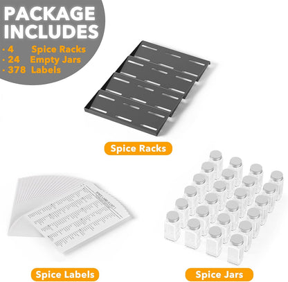 SpaceAid Spice Drawer Organizer with 24 Spice Jars, 378 White Minimalist Spice Labels, 4 Tier Seasoning Rack Tray Insert for Kitchen Drawers, 11.25" Wide x 17.5" Deep