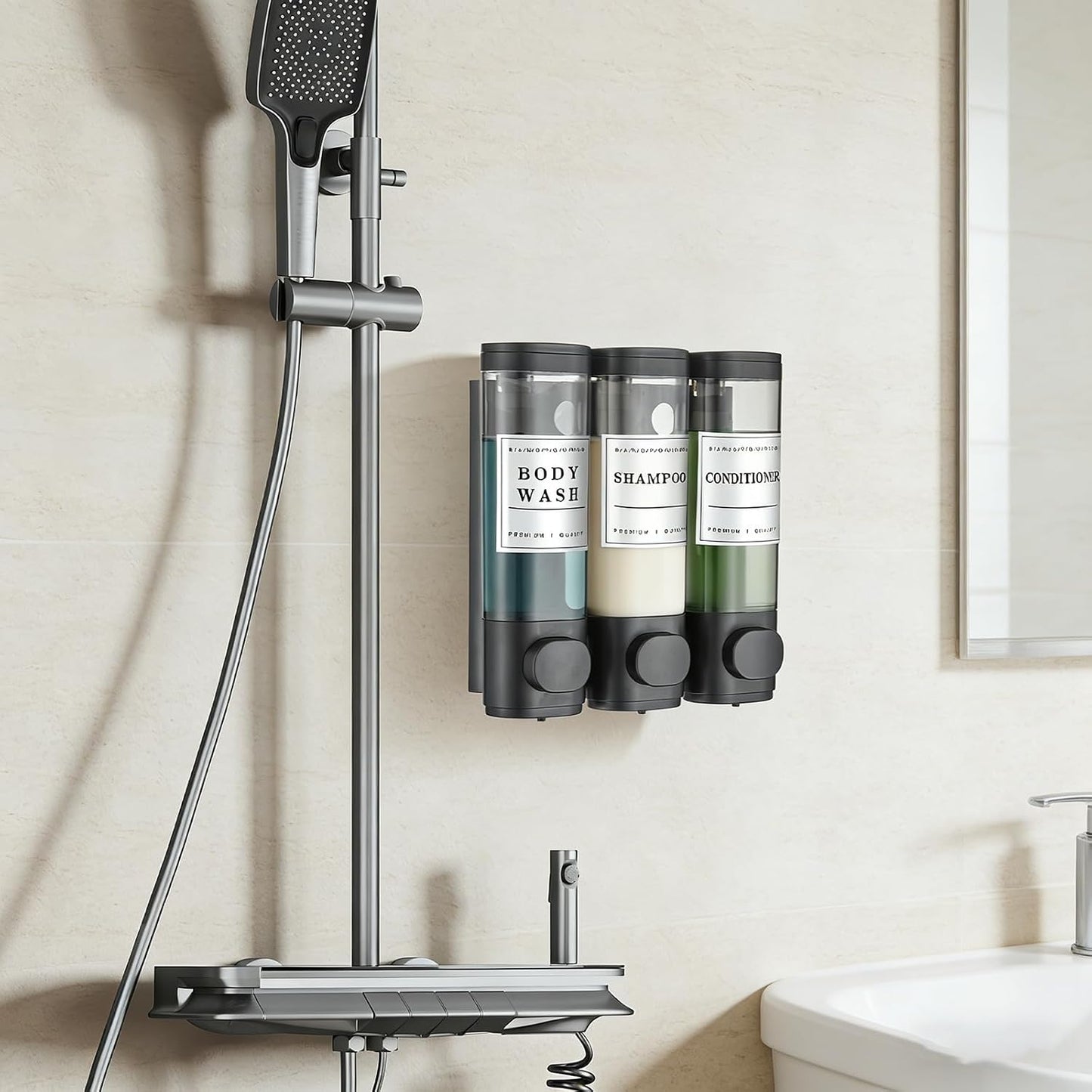 Shampoo and Conditioner Dispenser, Shower Soap Dispenser Wall Mounted, Shampoo Dispenser for Shower Wall No Drill, Bathroom Body Wash Dispenser 3 * 350ml Silver 3 Chamber