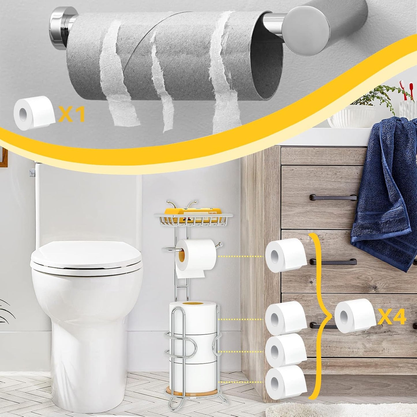 Toilet Paper Holder Stand with Shelf, Free Standing Tissue Roll Storage Rack with Dispenser for Bathroom, Black