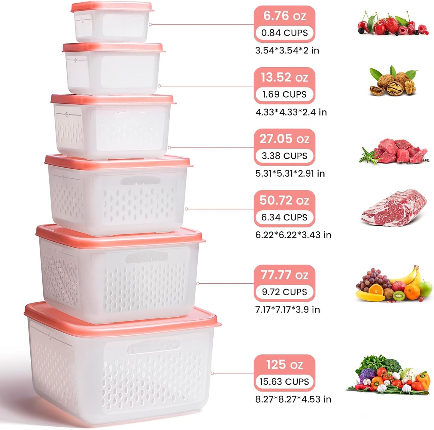 6-Piece Fruit Storage Containers for Fridge with Lids — BPA-Free Produce & Salad Keeper with Removable Colanders, Dishwasher & Microwave Safe, Multi-Size Meal Prep & Lettuce Saver