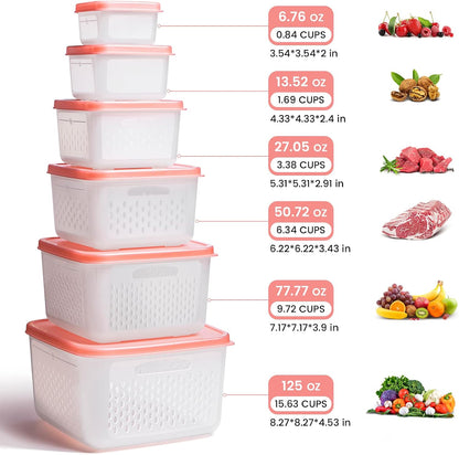 6-Piece Fruit Storage Containers for Fridge with Lids — BPA-Free Produce & Salad Keeper with Removable Colanders, Dishwasher & Microwave Safe, Multi-Size Meal Prep & Lettuce Saver
