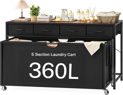 Laundry Sorter, Rolling Laundry Hamper with 3 Section Pull-Out Bags, Laundry Basket Organizer with 2 Drawers & 2-Tone Top Panel, Laundry Hamper with Wheels for Laundry Room Organization, Bathroom