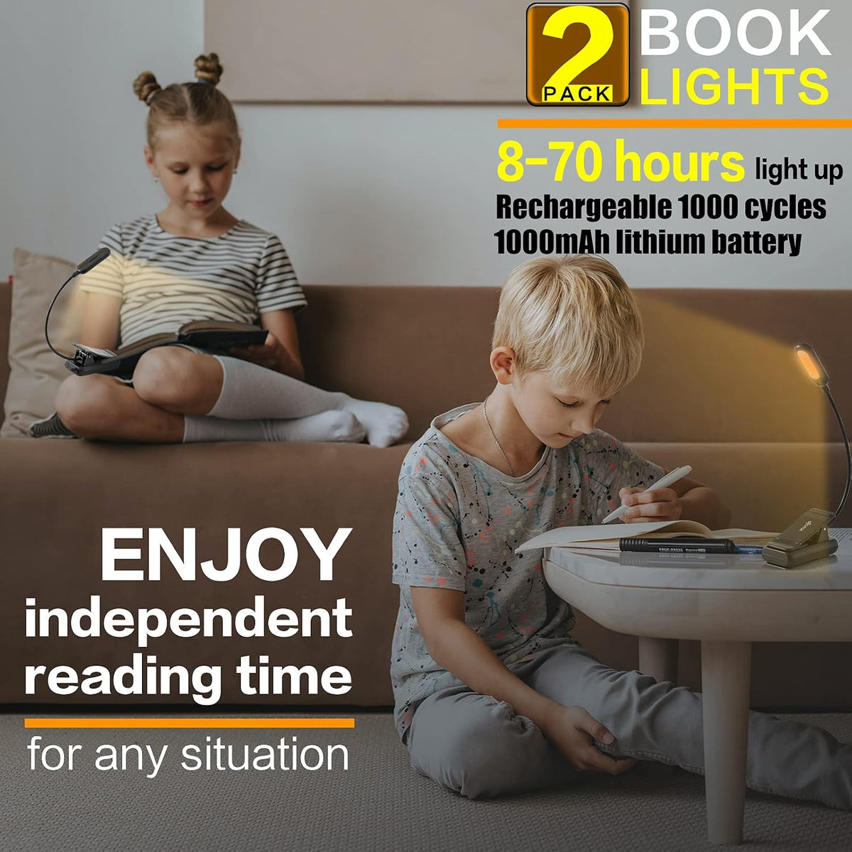 VAVOFO Rechargeable Book Light, Blue Light Blocking, Amber 1600K Clip On Reading Light, Eye Care 7 LEDs Kids Book Light for Reading in Bed with Power Indicator for Bookworms (Neon Orange)