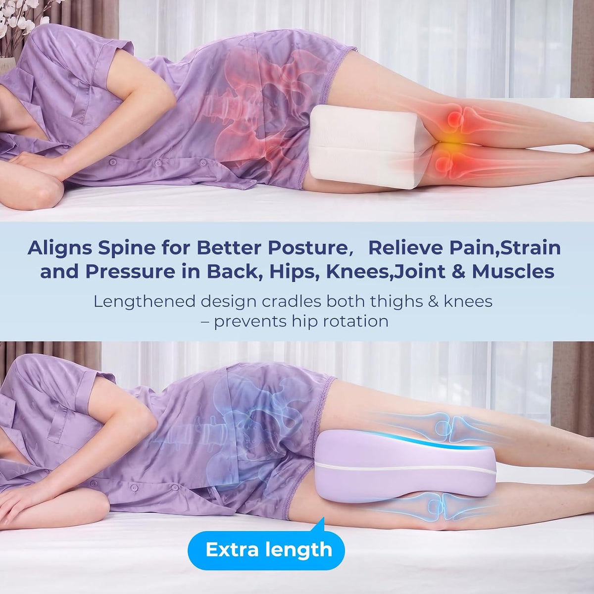 13" Extended-Length Knee Pillow for Side Sleepers with Full Thigh Support