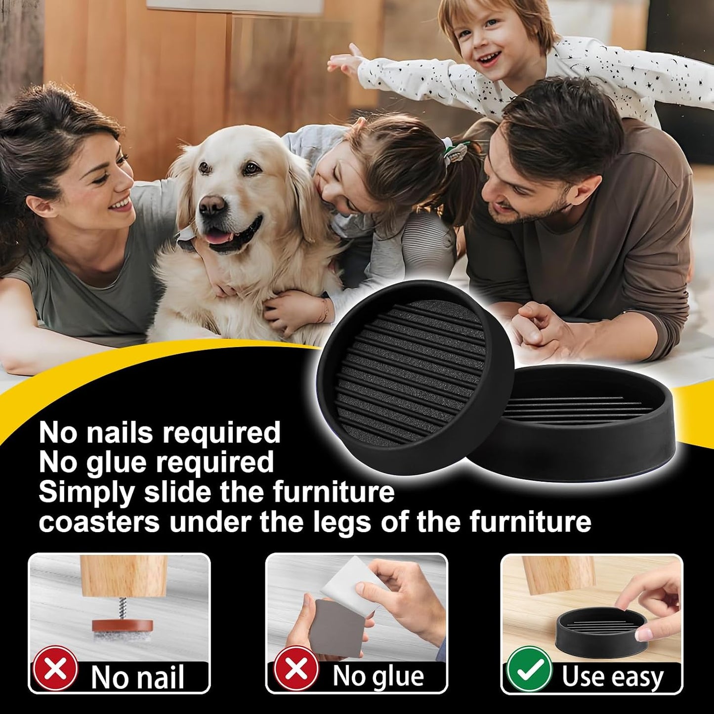 xxxHOLIC Rubber Non Slip Furniture Pads, 2" Black Round, Set of 4 | Furniture Grippers for Hardwood Floors, Anti Skid Caster Cups, Bed Frame & Couch Stoppers, Floor Protectors for Heavy Duty
