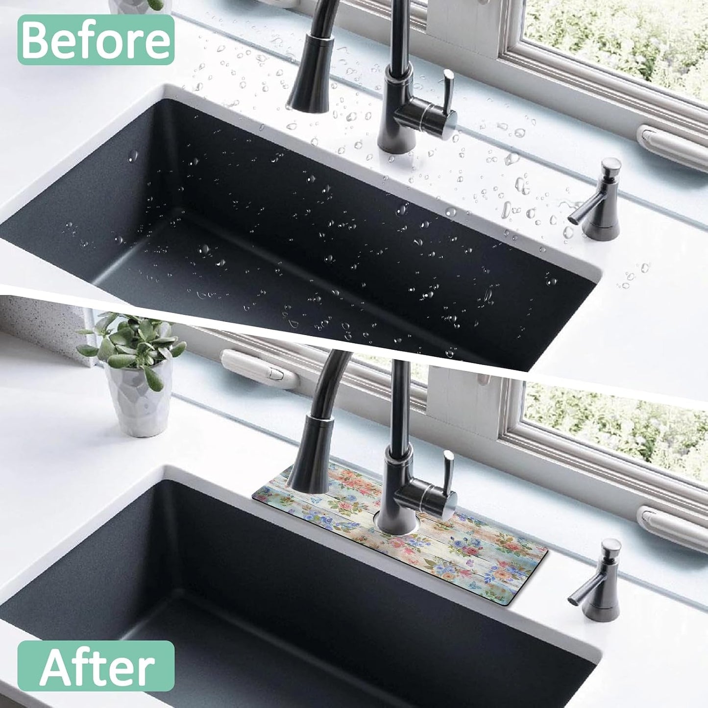 Kitchen Sink Splash Guard Faucet Mat 24" X 5.5" Tropical Leavesl Absorbent Fast Drying Mat Faucet Draining Mat Sink Splash Guard Behind Faucet Drip Catcher for Kitchen Bathroom