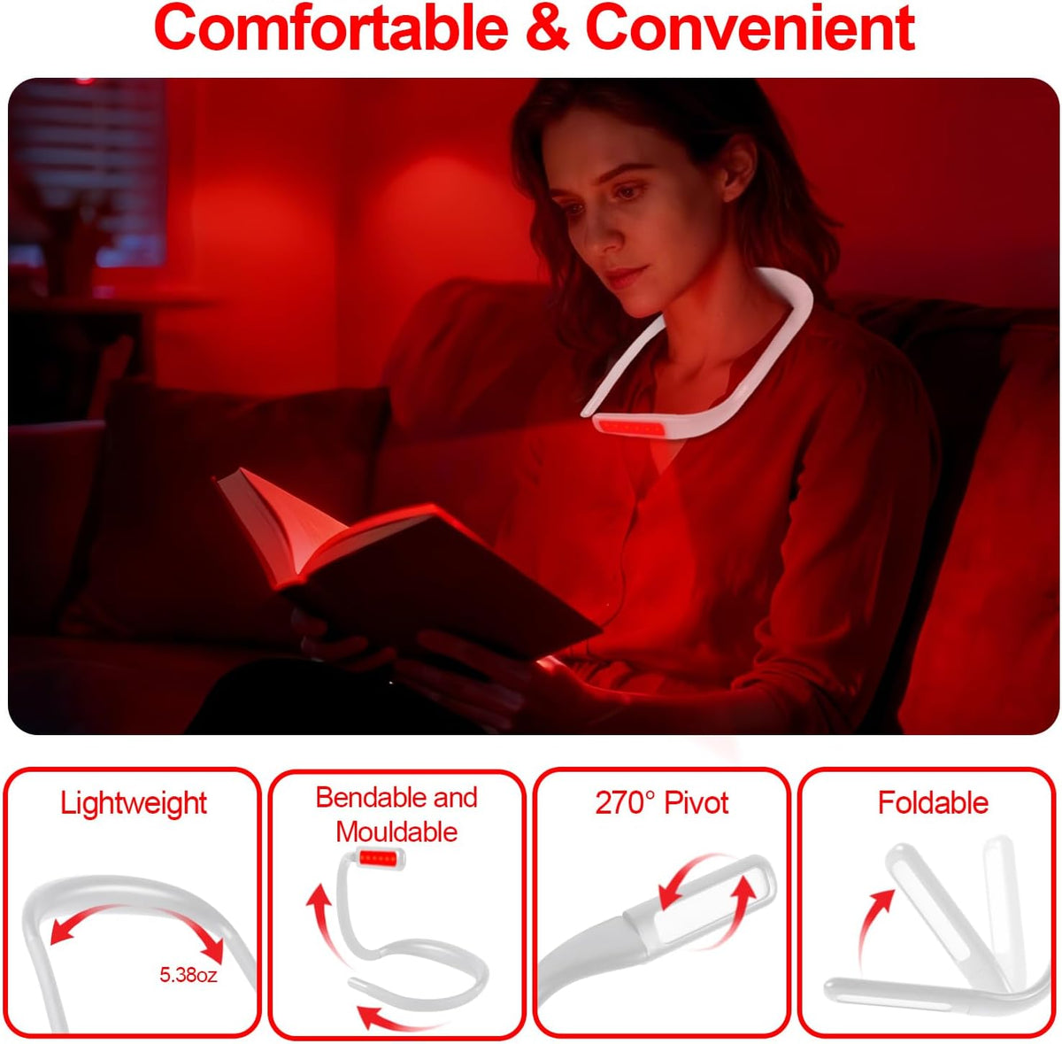 630nm Red Neck Reading Light - Zero Blue Light, Rechargeable Dimmable Portable LED Red Neck Book Lamp for Reading, Crafts, Knitting, Crochet at Night, Ideal Gift for Readers and Craft Lovers