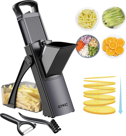 QYKIC Safe Mandoline Slicer Pro for Kitchen, Adjustable Chopper 6 in 1 | Potato Slicer Onion Chopper Fry Cutter Julienne Dicer Large Chute Stainless Steel Blades Detachable Dishwasher Safe Gifts