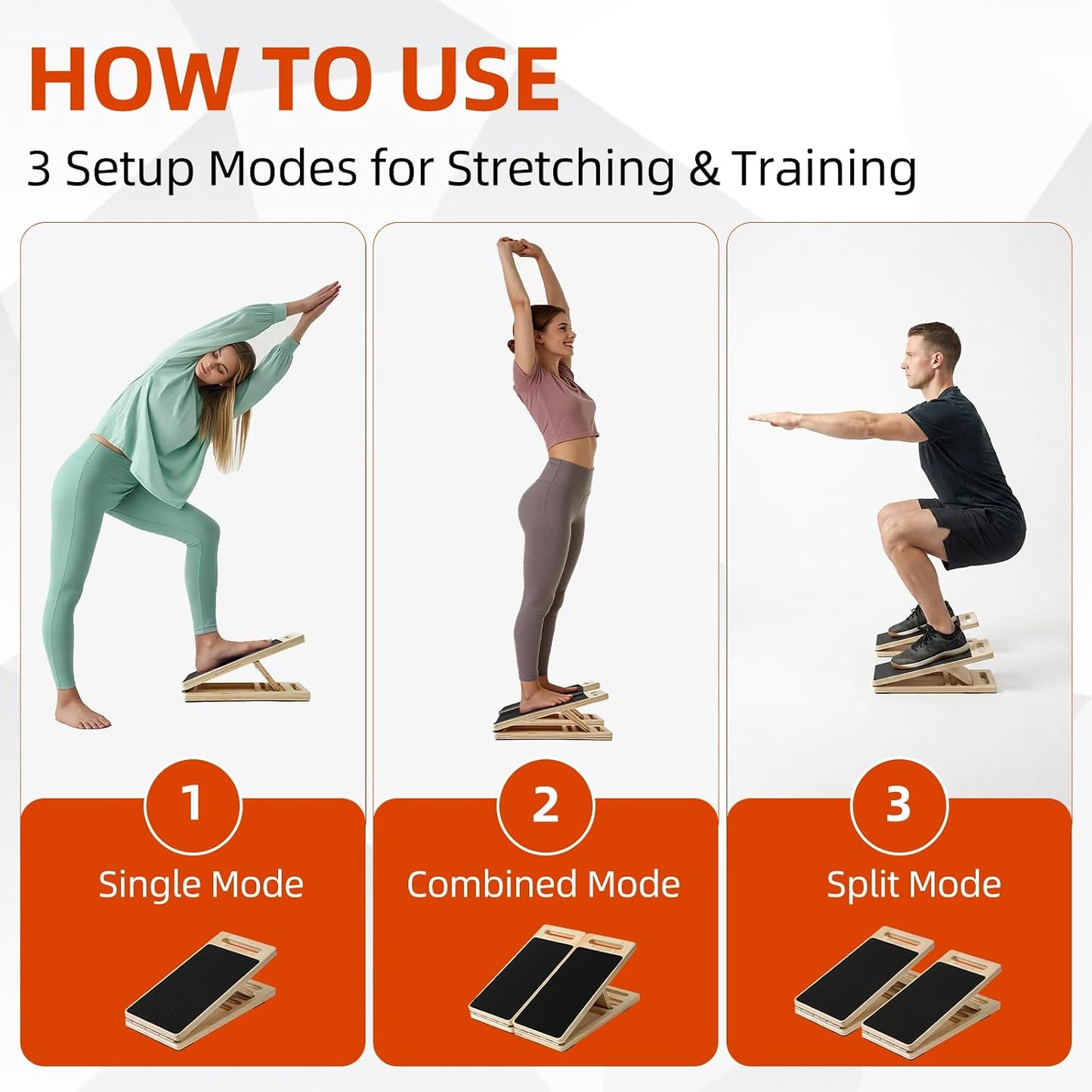 Slant Board for Exercise, Split Calf Stretcher for Physical Therapy | Split design for shoulder-width stance, single-leg rehab, ankle mobility, squats, non-slip wood, adjustable incline.