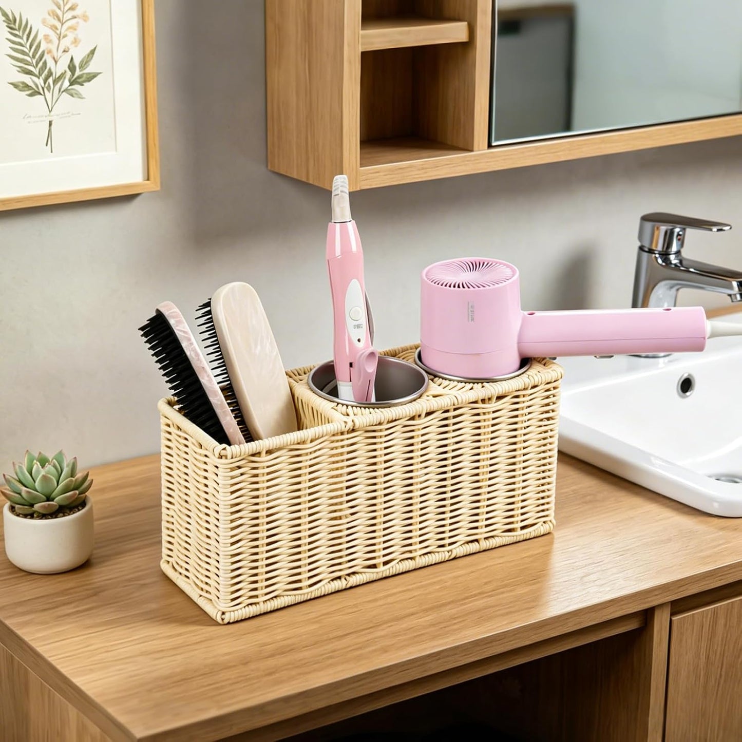 Hair Tool Organizer,Wall Mount Curling Iron Holder,Waterproof Wicker Hot Tools Organizer for Hair Dryer,Flat Irons,Curling Wands,Straighteners Storage,in Cabinet,Bathroom,Vanity (Nature)