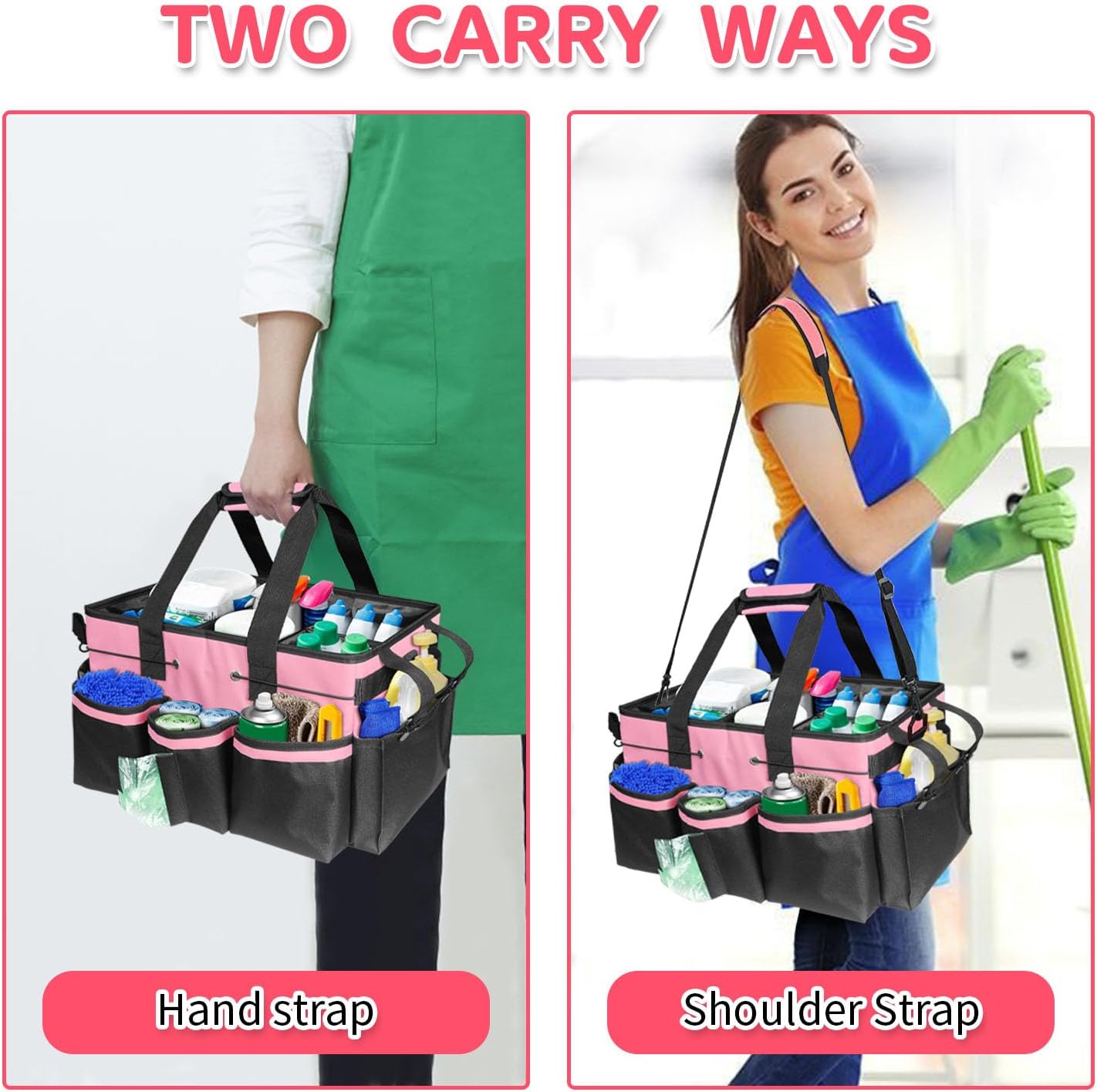 Boczif Cleaning Caddy Bag Wearable,Cleaning Caddy Supplies Organizer(Pink) | with Handle, Shoulder Straps & Detachable Divide, Cleaning Tool Organizers Tote Bag for Cleaners & Housekeepers