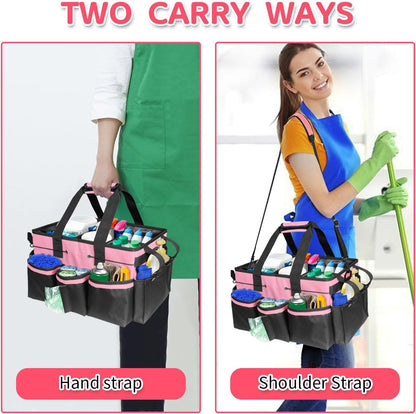 Boczif Cleaning Caddy Bag Wearable,Cleaning Caddy Supplies Organizer(Pink) | with Handle, Shoulder Straps & Detachable Divide, Cleaning Tool Organizers Tote Bag for Cleaners & Housekeepers