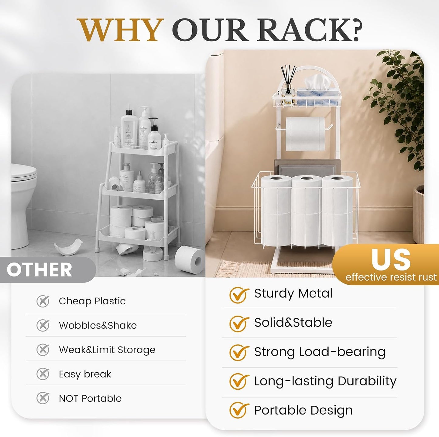 Toilet Paper Holder Stand Freestanding with Storage Basket for Bathroom | Freestanding Toilet Paper Stand for Bathroom,Heavy Duty Tissue Roll Holder Rack with Top Shelf for Organizer,black