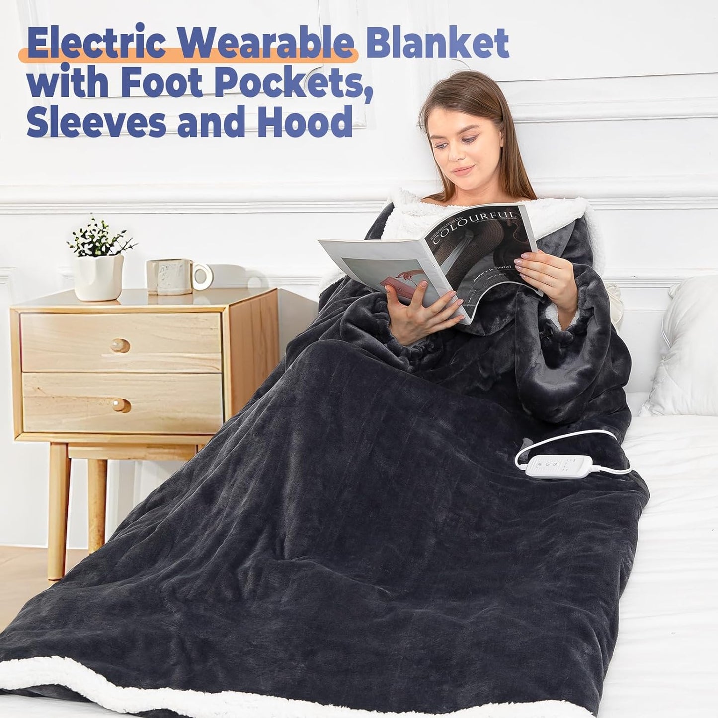 Wearable Heated Blanket with Foot Pocket, Electric Wearable Throw Blanket with Sleeves, Hood, Portable Heated Blanket with 8 Heat Settings, 1-10 Hours Auto Shut-off, Gift for Family, Friends, 50*70"