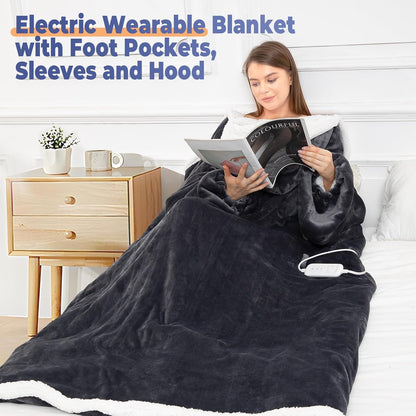 Wearable Heated Blanket with Foot Pocket, Electric Wearable Throw Blanket with Sleeves, Hood, Portable Heated Blanket with 8 Heat Settings, 1-10 Hours Auto Shut-off, Gift for Family, Friends, 50*70"