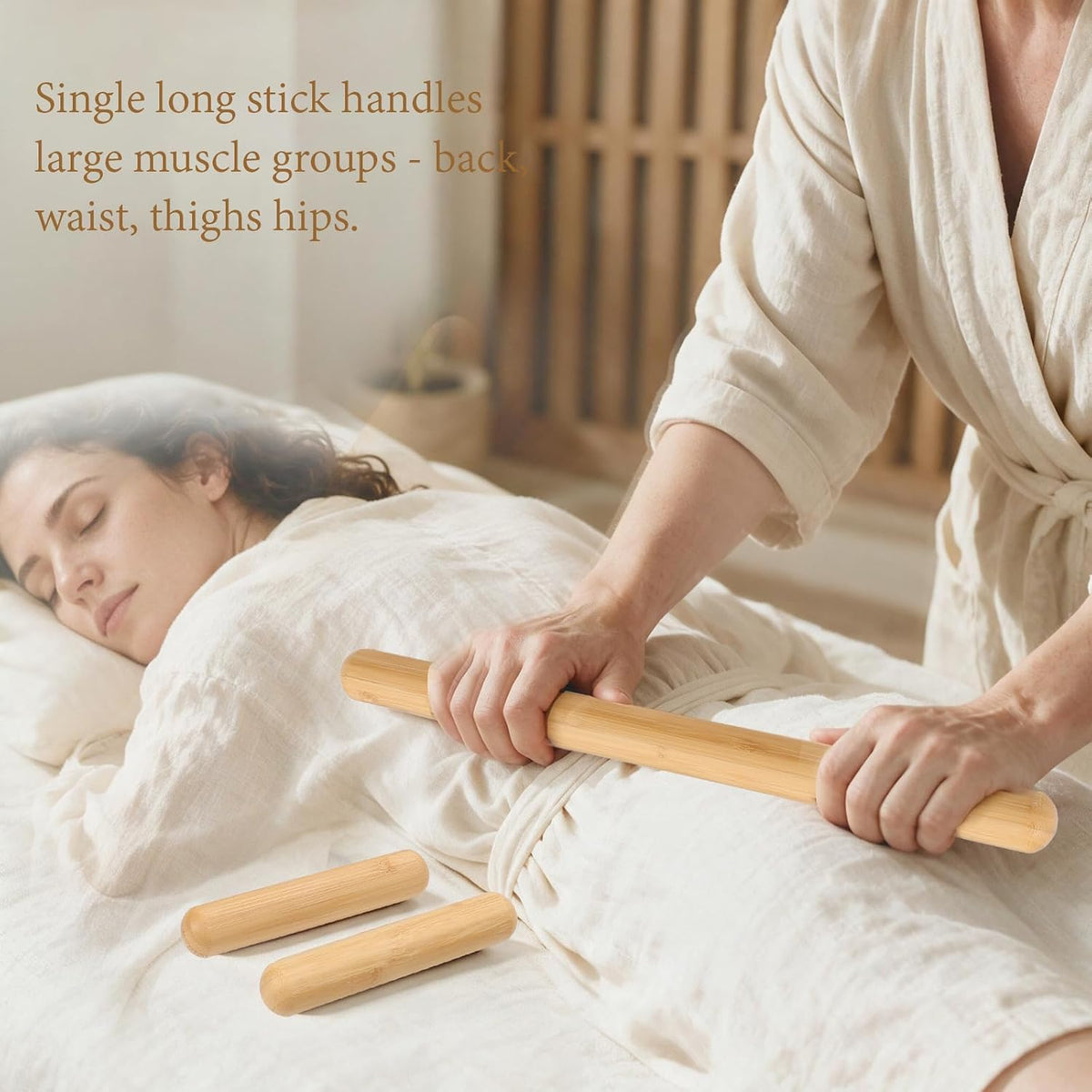 3PCS 100% Natural Solid Bamboo Massage Sticks,GuaSha Bamboo Massage Rollers for Back,Legs,Full Body,Deeply Deep Tissue Massage,Muscle Relax,Body Shaping,Portable Therapy Set(with Storage Bag)