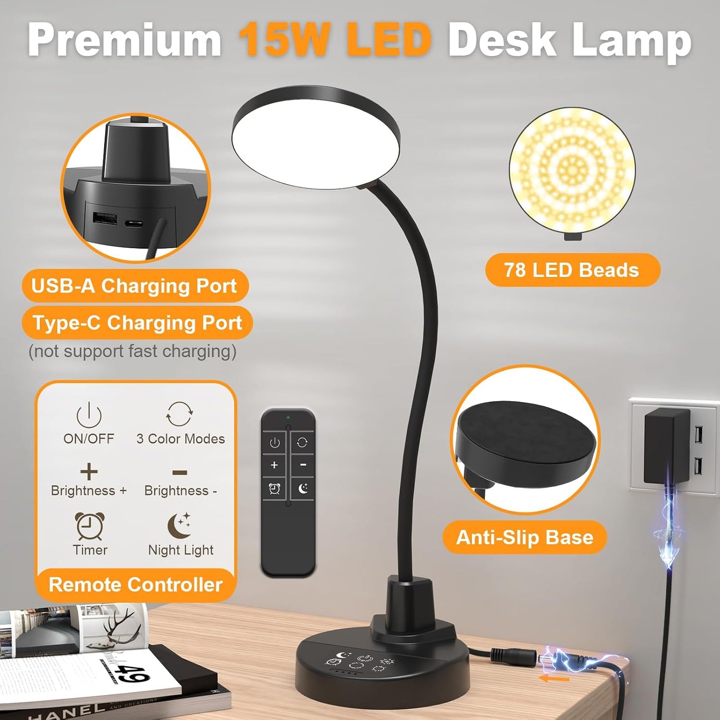 15W LED Desk Lamp with USB Charging Ports – Dimmable Table Lamp with 3 Color Temps, 5 Brightness, 4 Timers, Flexible Gooseneck Light with Base, Eye-Caring Reading Light for Home Office, Bedroom, Study