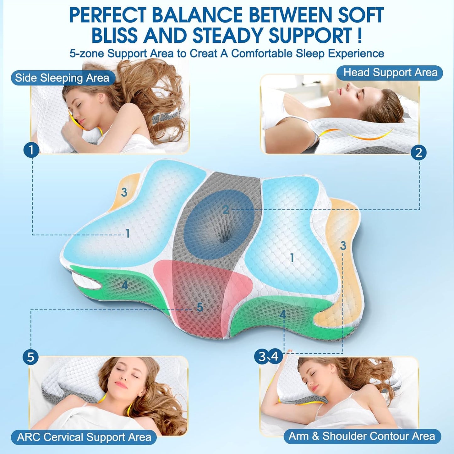 CHxxy Memory Foam Pillows, Cervical Pillow for Neck & Shoulder Pain Relief | Ergonomic Contour Bed Pillow, Soft for Side Sleep Stomach Sleeping and Back Sleeper-Queen Size&Grey
