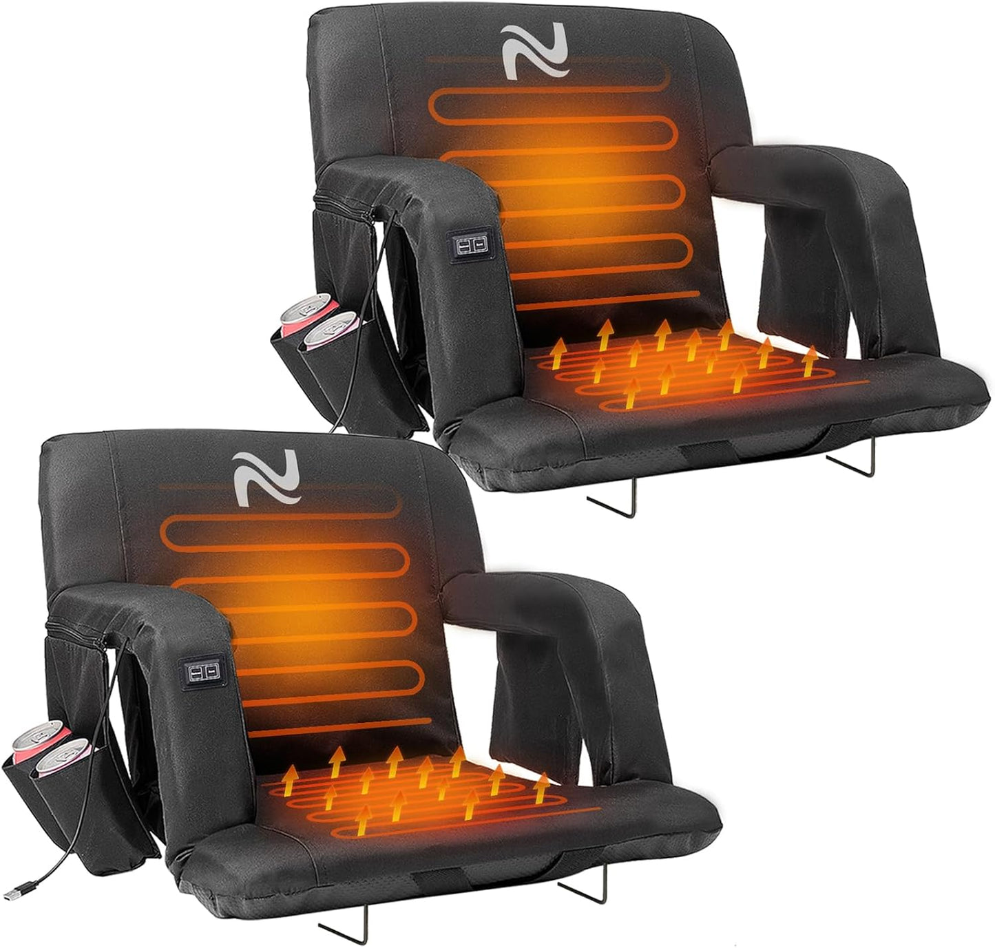 Wide Heated Stadium Seat for Bleachers w/Back Support & Cushion | 5-Position Adjustable Heated Stadium Seat with Armrests, 3 Heat Levels, Anti-Slip, Side Pockets, Backpack Straps (No Battery)