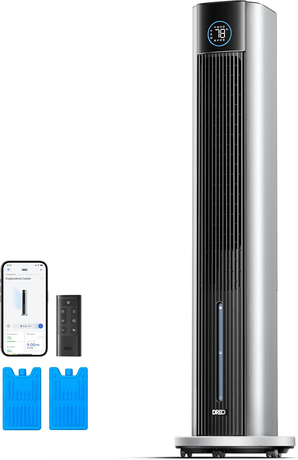 DREO Tower Fan for Bedroom, 43" Cooling Fans That Blow Cold Air 2025 Upgraded, Evaporative Air Cooler, Quiet 85° Oscillating Floor Fan, Easy Cleaning, APP Control, 4 Modes & 4 Speeds, Ink Black