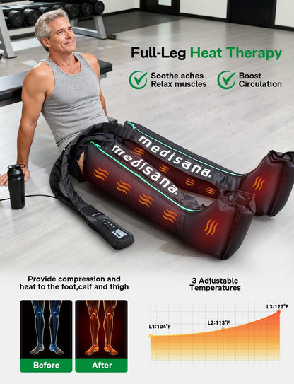 Medisana Leg Compression Massager with Heat, Leg Massager for Circulation and Pain Relief, Compression Boots with 5 Modes & 3 Heat Levels for Edema Relief, Gifts for Mom, Dad, Him, Her