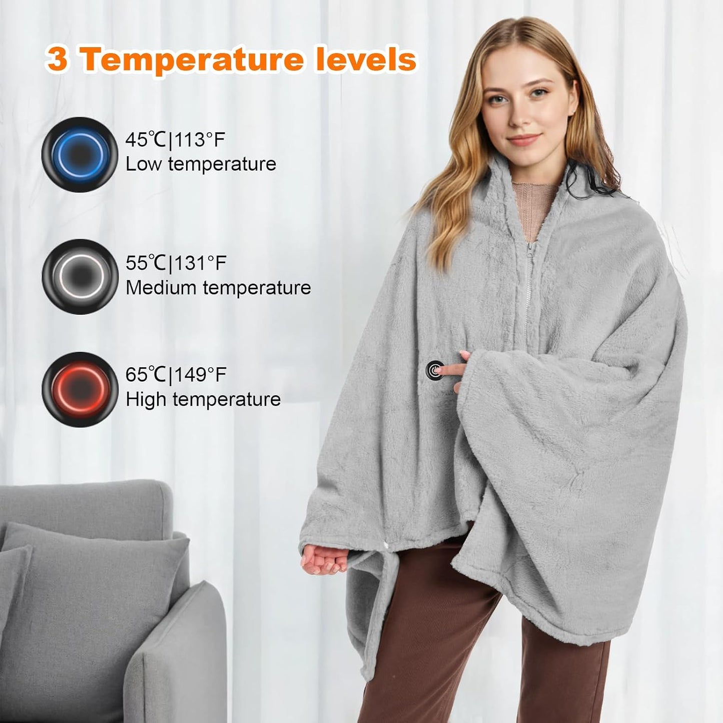 Heated Throw Blanket, Graphene Electric Heated Shawl, 20000mAh 7.4V Battery Operated, Fast Heating with 3 Temperature Levels Portable Heated Blanket, Wearable Cordless Heated Wrap (Khaki)