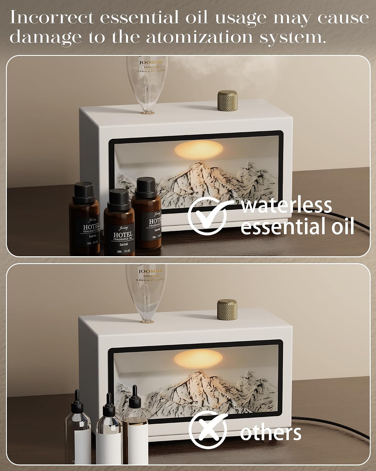 Waterless Oil Diffuser with Wood Base, Tempered Glass Bulb, 3 Color Light