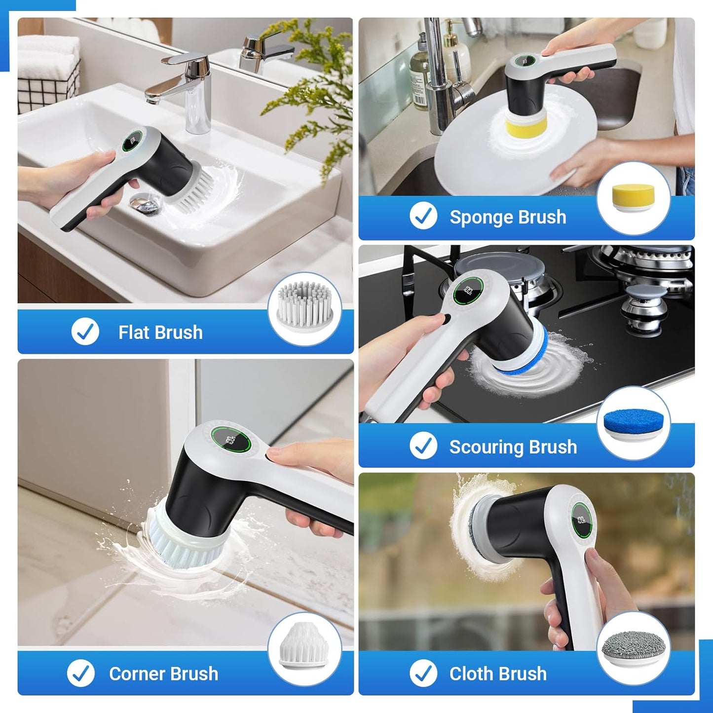 PUFTEM Electric Spin Scrubber, Cordless Shower Scrubber | Battery Level Display, Dual Speed, 6 Replaceable Brush Heads, IPX7 Waterproof, Long Runtime, Tub, Tile & Sink Cleaning