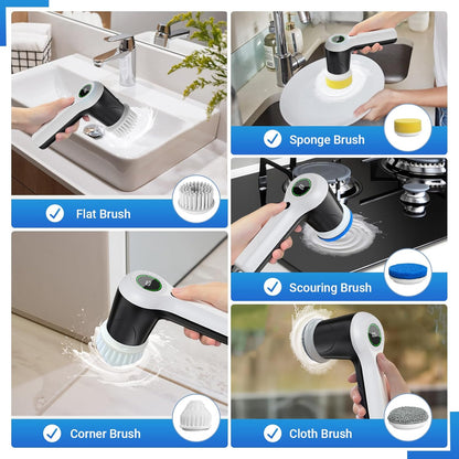 PUFTEM Electric Spin Scrubber, Cordless Shower Scrubber | Battery Level Display, Dual Speed, 6 Replaceable Brush Heads, IPX7 Waterproof, Long Runtime, Tub, Tile & Sink Cleaning