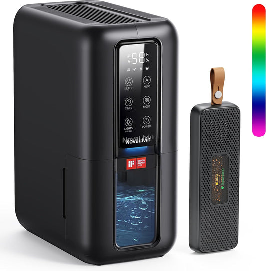 Dehumidifiers for Bathroom with Moisture Absorber Bag Reusable, 68 OZ Water Tank Portable Quiet Dehumidifier for Bedroom with Auto Shut Off, 7 Colors LED Light for Home, RV, Garage, apartment, Black