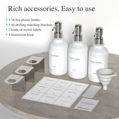 Shampoo and Conditioner Dispenser Wall Mounted Set of 3 - Shampoo Conditioner Body Wash Dispenser No Drill - White Shower Bottles Refillable with Labels and Stainless Steel Pumps 500ML/16.9oz