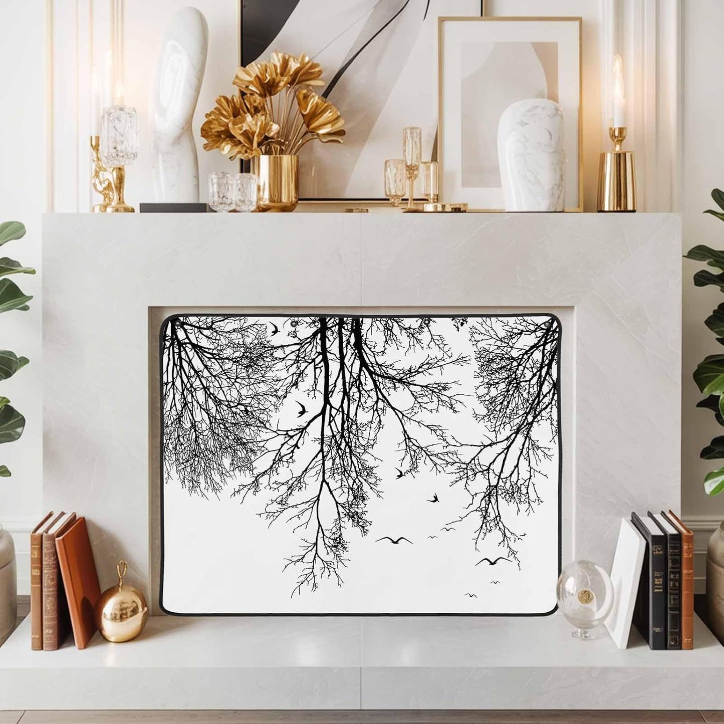 Magnetic Fireplace Cover Tree Branches Bird Fireplace Screen Decorative Brown Black Twigs Deadwood Insulation Fireplace Blocker Save Energy Fireplace Draft Stopper Covers for Living Room 45x34 Inch