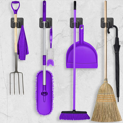 Stainless Steel Broom Holder, Heavy Duty, Rust Resistant, 4 Gripper Positions with 4 Hooks, Black | Drill-Mounted Gripper Rack Holds Brooms, Mops and Garden Tools Safely in the Laundry Room, Kitchen, Garage, Garden and Shed