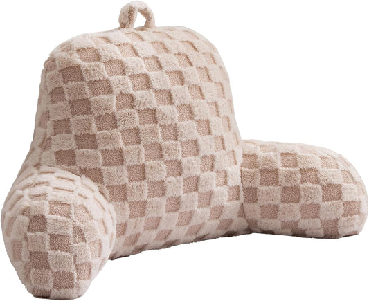 Aimuan Reading Pillow Checkered Bed Rest Wedge Backrest Checkerboard Pillow with Arms Back Support for Sitting Up in Bed Cushion Incline Rest Sleeping Snoring Pillow (Beige,Large)