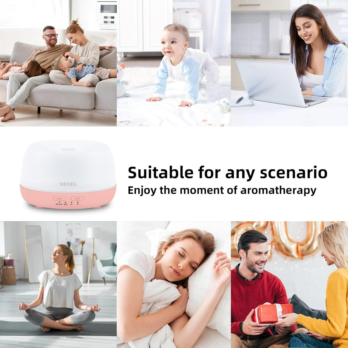 SEEDSEEL 300ML Essential Oil Diffuser with 7-Color LED Lights and Remote Control, Modern Minimalist Design, High-Efficiency Ultrasonic Mist Aromatherapy Diffuser for Home