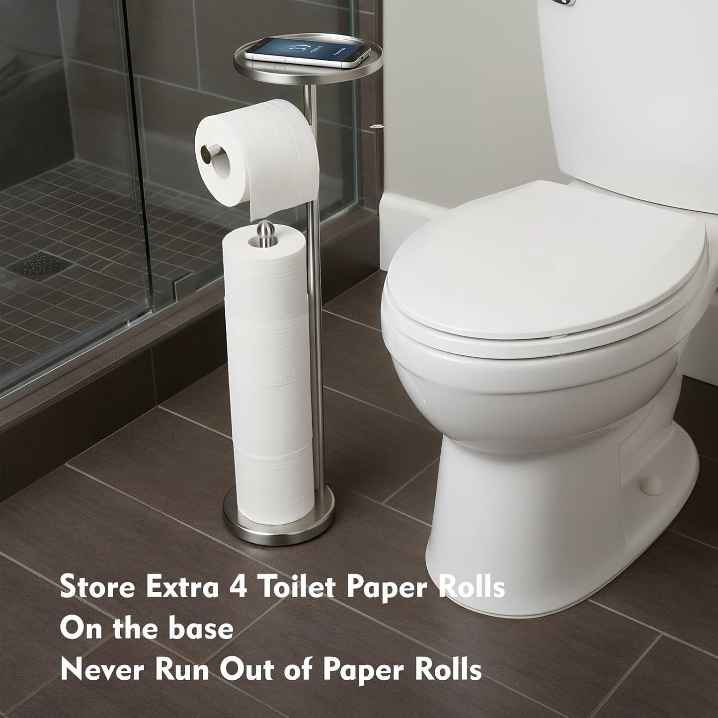 Gold Toilet Paper Holder with Shelf, Tissue Roll Holder Stand with Storage for Holding Extra 4 Toilet Paper Rolls, Stainless Steel Rustproof Freestanding (Brushed Gold)