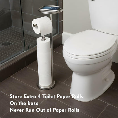 Gold Toilet Paper Holder with Shelf, Tissue Roll Holder Stand with Storage for Holding Extra 4 Toilet Paper Rolls, Stainless Steel Rustproof Freestanding (Brushed Gold)