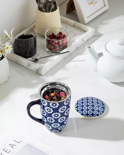 vancasso SELENE Porcelain Tea Mug, 18 oz Porcelain Tea Cup with Infuser and Lid Steeps Loose Leaf Tea, Microwave & Dishwasher Safe, Five-Leaf Clover