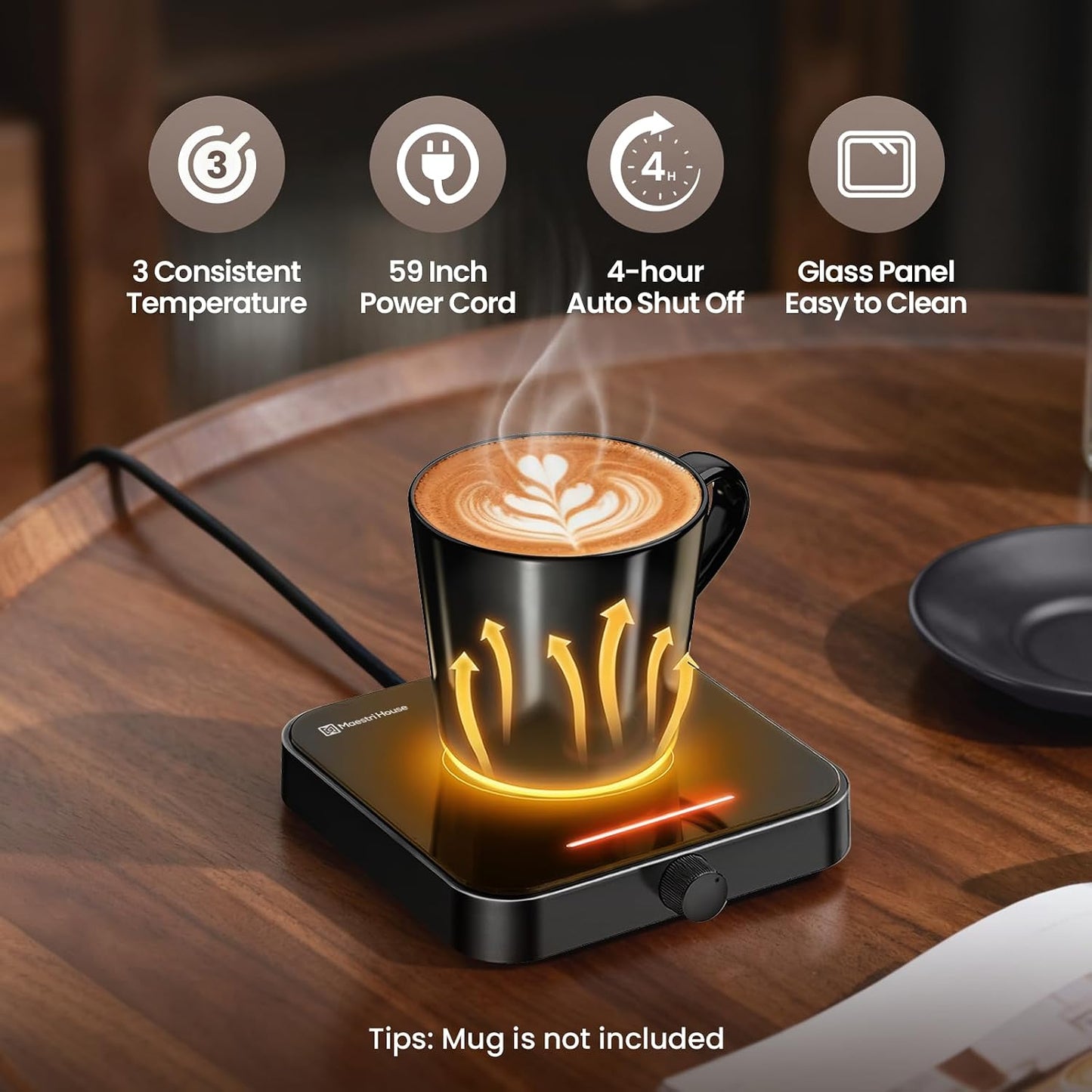 Maestri House Mug Warmer, Electric Coffee Cup Warmer for Desk with 3-Temp Settings,Auto Shut Off, Constant Temperature Heating for Beverage, Milk, Tea and Hot Chocolate at Home & Office (Black)