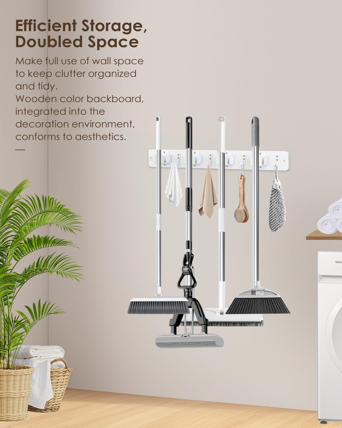 Broom Holder Wall Mount, 4 Holders 4 Hooks Mop and Broom Organizer | Mop Holder Wall Mount and Broom Hanger for Garage, Laundry Room, Kitchen and Utility Storage