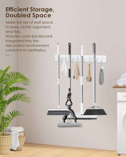 Broom Holder Wall Mount, 4 Holders 4 Hooks Mop and Broom Organizer | Mop Holder Wall Mount and Broom Hanger for Garage, Laundry Room, Kitchen and Utility Storage