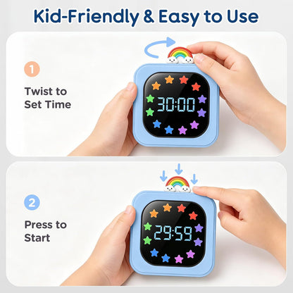 Digital Visual Timer for Kids with 12-Star Rainbow Display & 9 Color Modes | 99-Minute Count-Up & Countdown Timer with Silent Mode & Pause for Classroom, Home, Kitchen, Rechargeable, White
