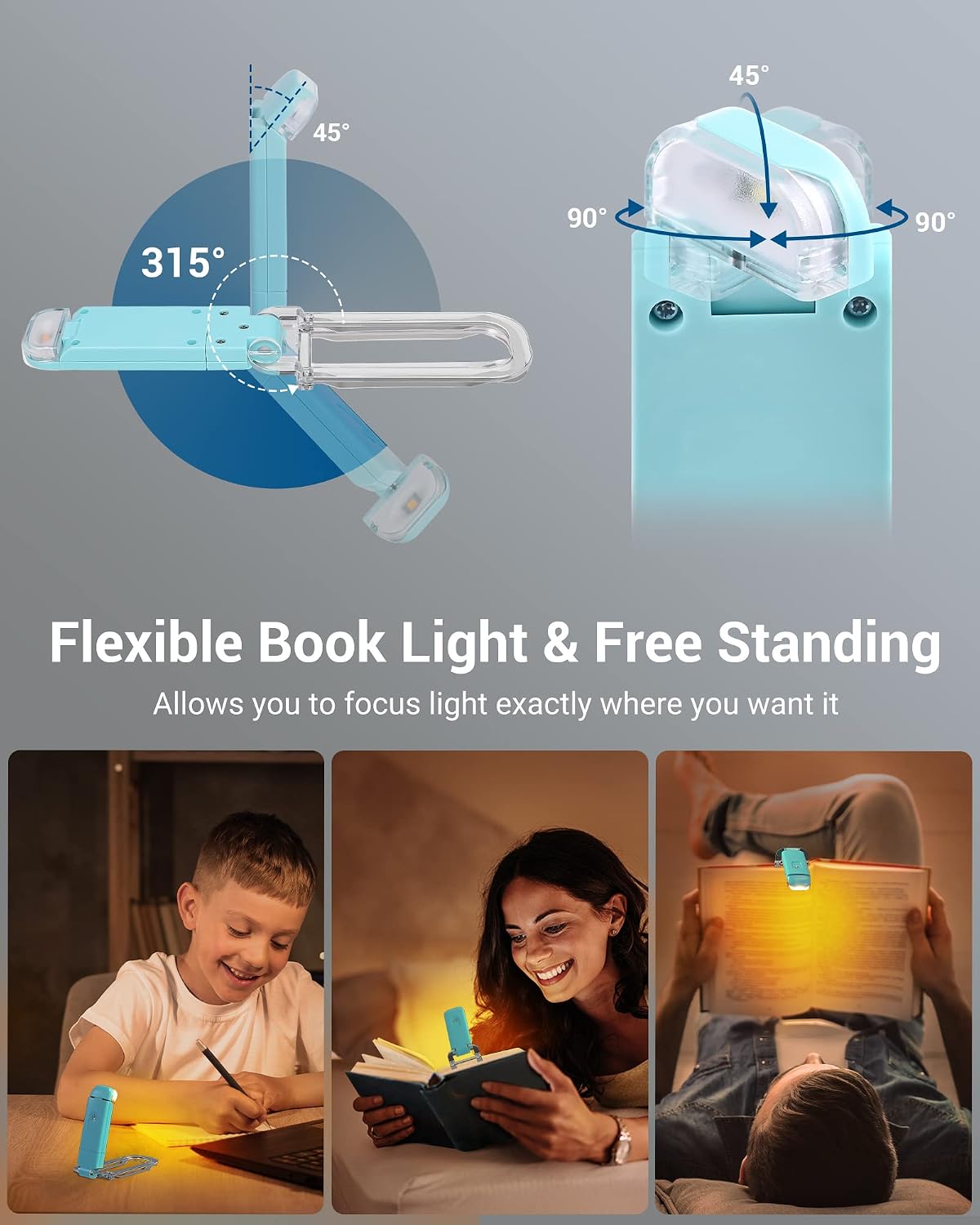 DEWENWILS Book Light, Amber Warm Clip On LED with 3 Adjustable Brightness for Eye Protection, Rechargeable USB Long Lasting Reading Light, Gifts for Bookworms, Kids (Black)